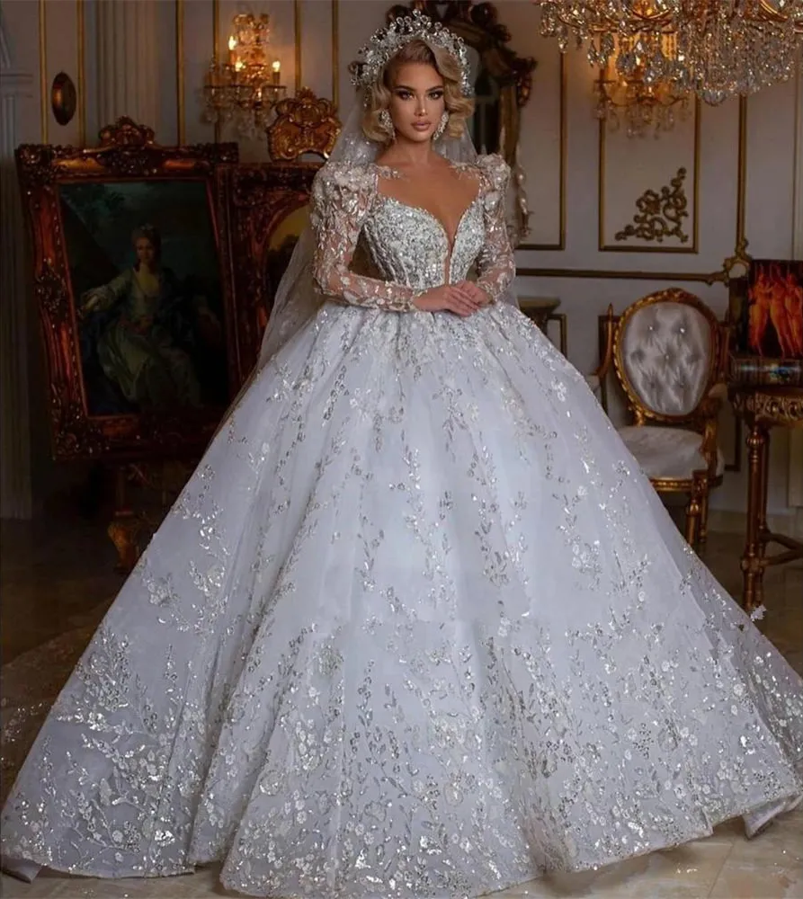 Prinses Baljurk Trouwjurk 2024 Sheer Hals Kralen Lange Mouw vestido de novia Plus Size Kant Geappliceerd Bruidsjurken