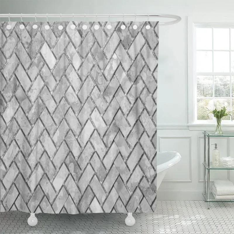 Rideaux De Douche Gris Noir Et Blanc Mur De Pierre Motif Abstrait Chevrons Rideau Tissu Imperméable 60 X 72 Pouces Ensemble Avec Crochets