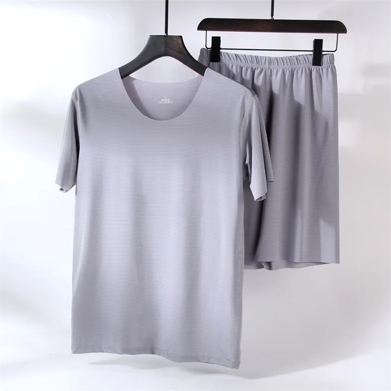 الرجال المنزلية للرجال الحرير الجليد بلون قميص رقيق قطعتين مجموعة منامة قصيرة الأكمام السراويل عارضة ملابس رياضية كبيرة الحجم بيجامة 210812