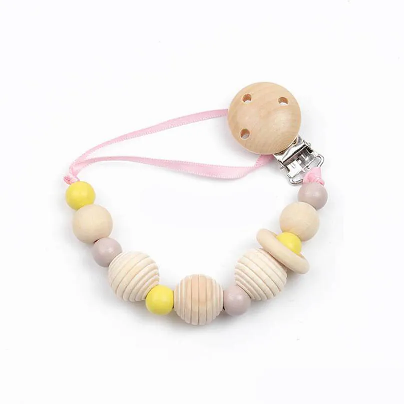 Baby Pacifier Holders Chain Clips Natural Wooden Food Grade Soother Teeth Practice Toys Infant Feeding Silicone Teething Beads Accessories