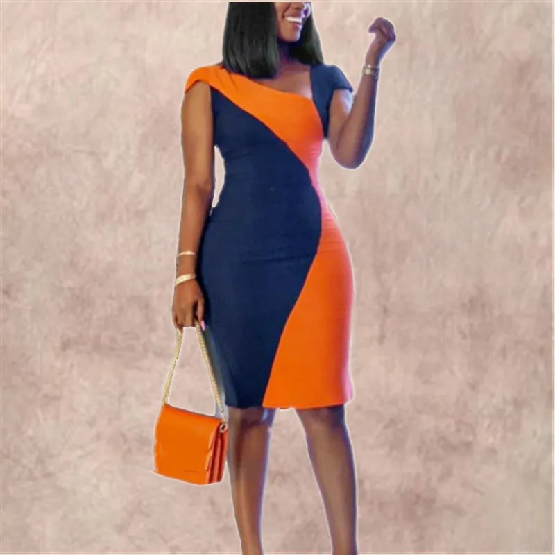 女性パッチワークボディコンドレスオレンジブルーブロックカラースリムタイトエレガントなオフィスレディース上品な作業服女性弾性プラスサイズ210416