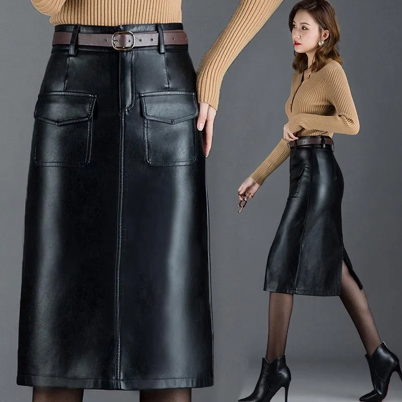 Skirts 2021 Women Autumn Winter PU Leather Lady Split Sashes High Waist A-line Skirt Female Pocket Casual Mid-long F67