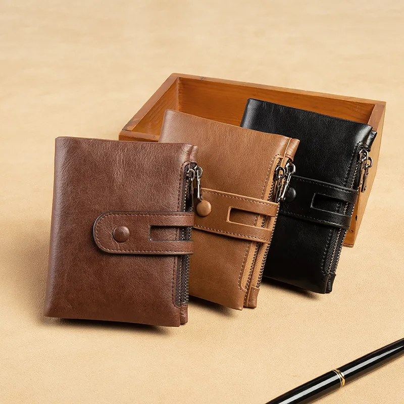 Wallet Genuine Leather Men's Zipper RFID Blocking Business Card Bag Male Money Bag Purse High Quality