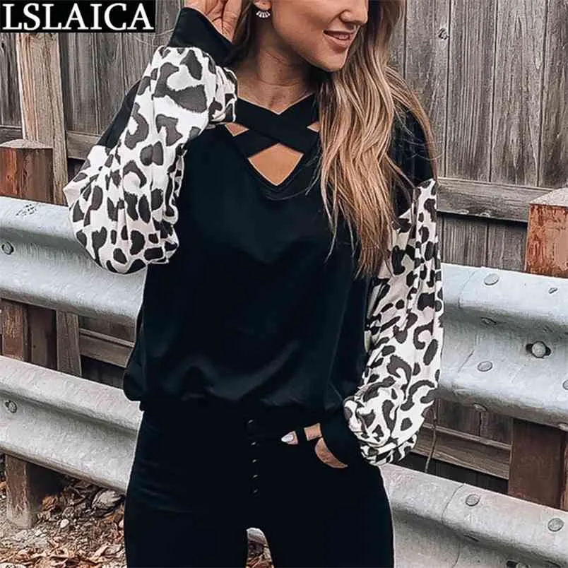 Camicie da donna con stampa leopardata patchwork manica lunga scollo a V top femminili casual autunno moda abbigliamento streetwear 210515