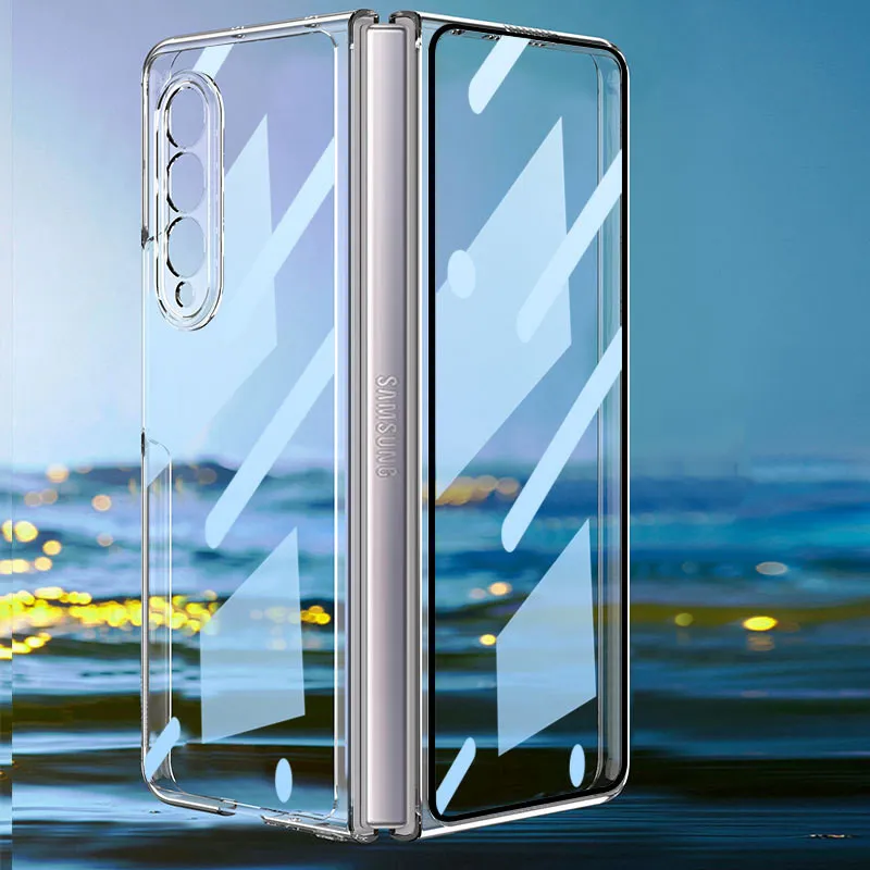Samsung Galaxy Z Fold 3 5Gケースメッキフレームハードクリアフロントガラスカバーの透明なケース