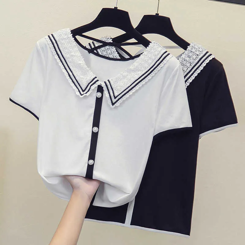 Crop Top Female Polo Shirts Sommar Kortärmad T-shirt Kvinnors Vintage Kläder Ribbed Stripe Slim Sticka Top Beskuren Sweater 210604