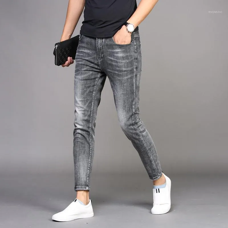 Jeans pour hommes Men été mince pantalon de longueur de cheville mince fit homme homme décontracté gris denim jean