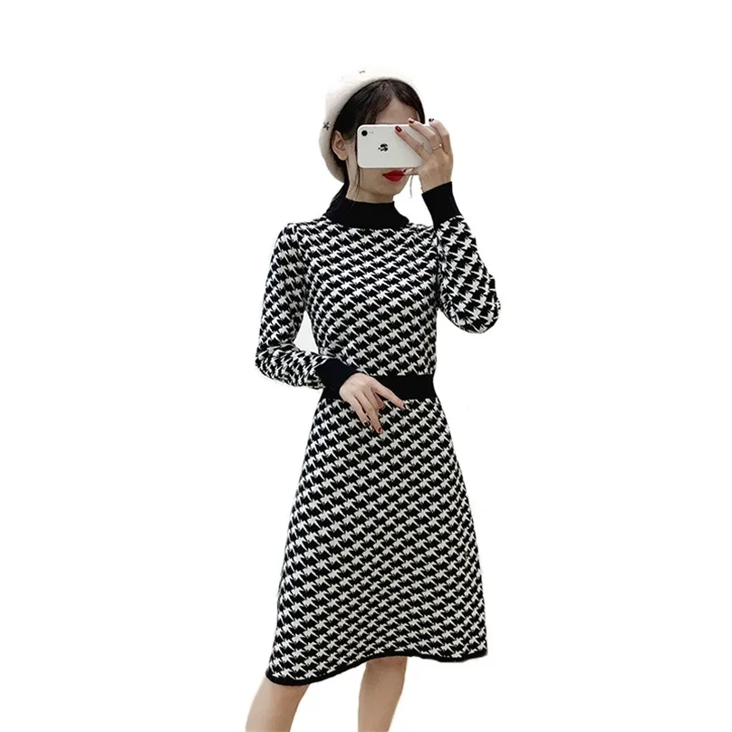 니트 드레스 여성 가을 ​​겨울 한국어 우아한 레트로 houndstooth 인쇄 중간 길이 높은 허리 슬림 드레스 여성 LR1298 210531