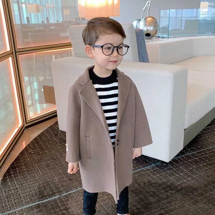 Baby Boy Girl Woolen Kurtka Długie Podwójne Breasted Infant Torddle Lapel Tweed Płaszcz Spring Fall Winter Baby Znosić ubrania 1-12y H0909