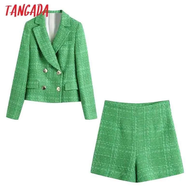 Mode Dames Groen Tweed Pak 2 Stuk Set Blazer en Shorts Be649 210416