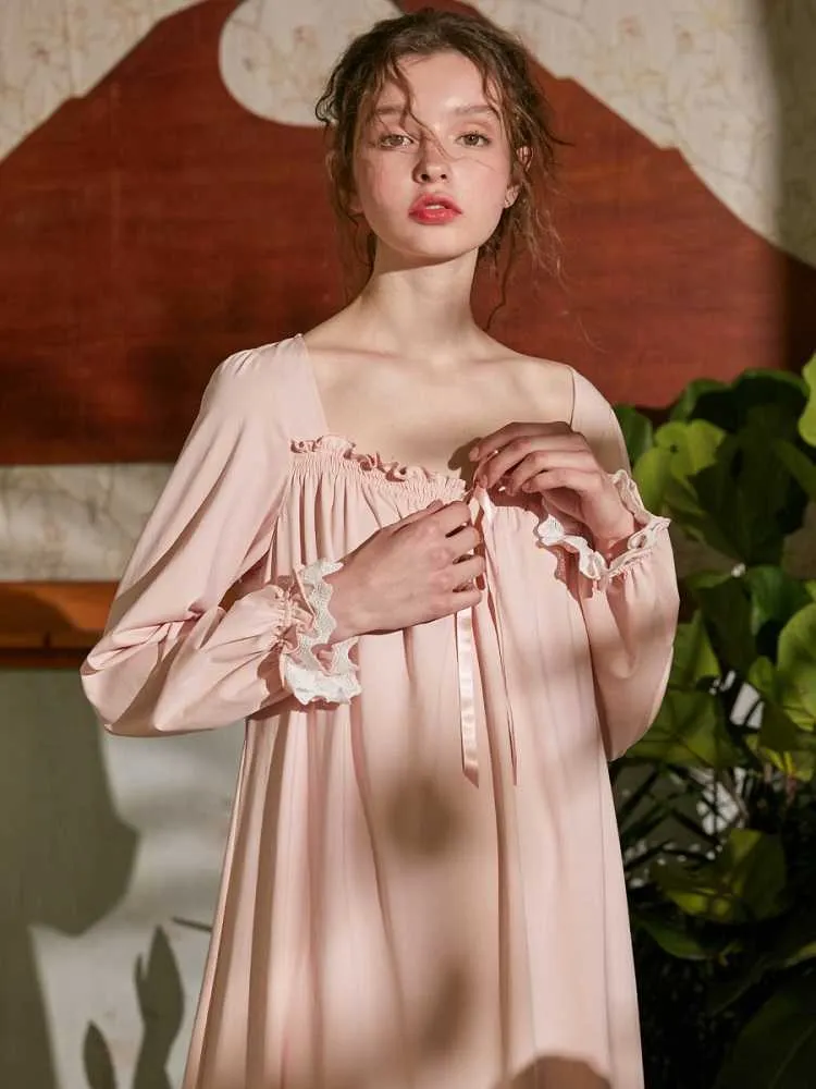 Vintage Bawełna Damska koszulka Nightgowns Rękaw Elegancka Jesień Wiosna Księżniczka Sexy Luźne Koszulki Nightshirts 210924