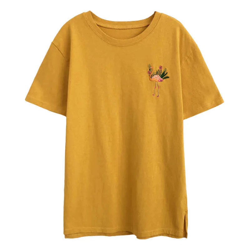 Vielleicht U Gelb Weiß Senf Flamingo Stickerei Kurzarm O Neck Tees Tops T-shirt Casual Frauen Weiblich B0111 210529