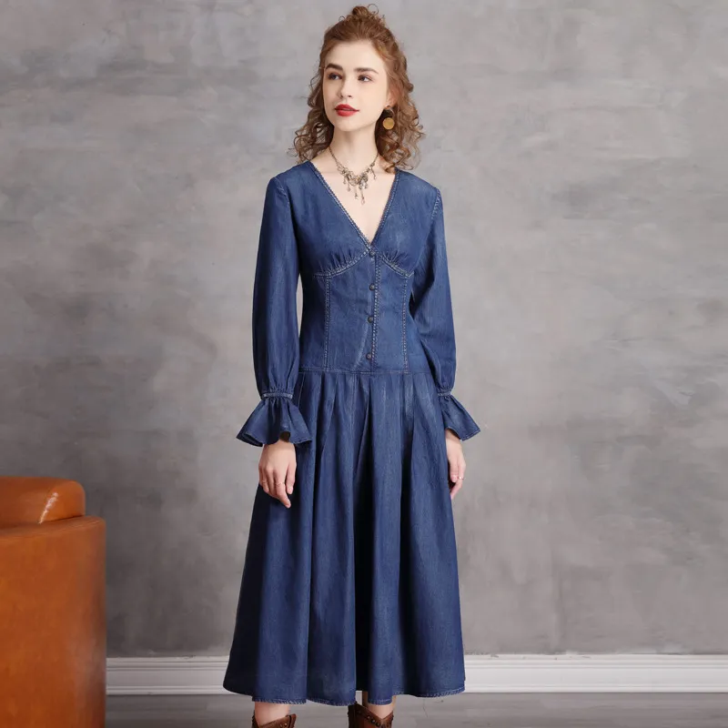 Johnature Women Denim Cotton Dresses V-Neck Flare Sleeve Vintage Soft Spring A-Line Female Clothes Button Dresses 210521