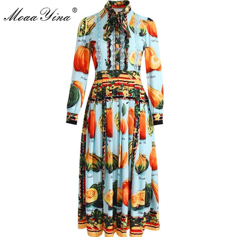 Fashion Designer Dress Spring Women's dress Long sleeve Lace Beaded Vegetables Pumpkin Grape Print Vintage Dresses 210524