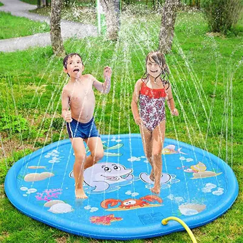 170 cmの膨脹可能な子供たちの敷物の水のマットの膨脹可能なスプレー水クッションベイビープレイマットのビーチ芝生ゲームパッドスプリンクラー遊ぶおもちゃ210402