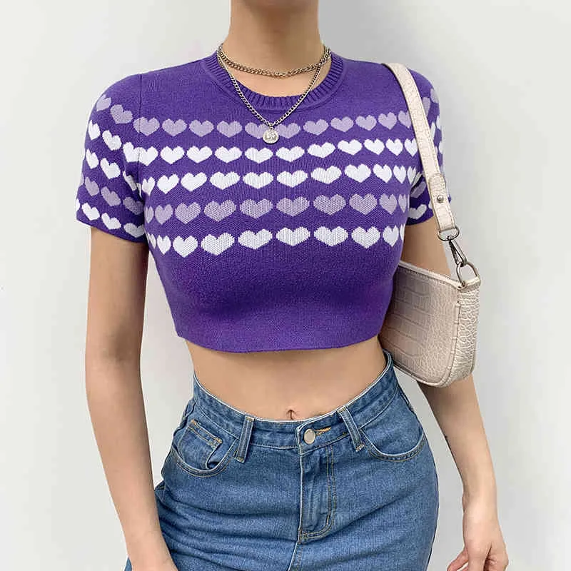 Kawaii Serce Drukuj Y2K Knit Koszulki Dla Dziewczyn Z Krótkim Rękawem Kobiet Summer O-Neck Slim Crop Top Stretch Soft Tee Koszula 210415