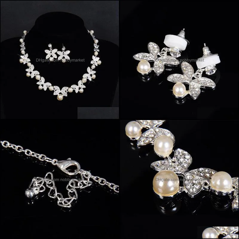 Earrings & Necklace Women`s Floral Faux Pearl Silver Color Bridal Jewelry Set Luxury Shiny Rhinestone Choker Women