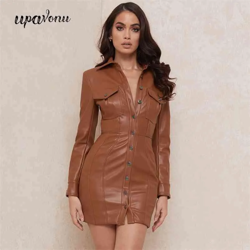 Free Fall Kobiety PU Skórzana Sukienka Sexy Lapel Z Długim Rękawem Pojedynczy Piersi Przycisk Bodycon Halter Faux 210524