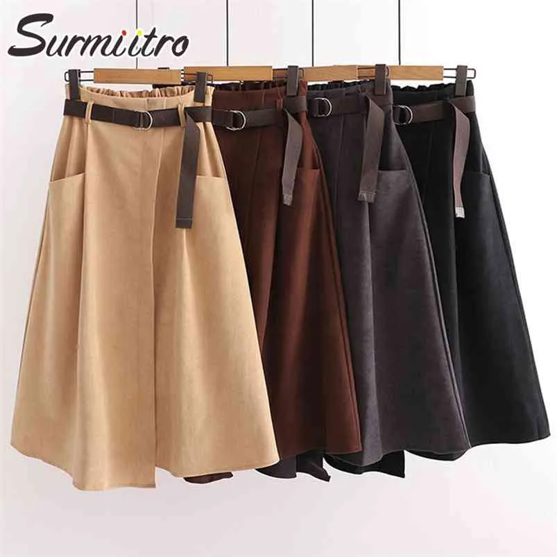Surmiitro herfst winter midden-lengte rok vrouwen Koreaanse stijl super kwaliteit zwarte hoge taille midi lange rok vrouw met riem 210721