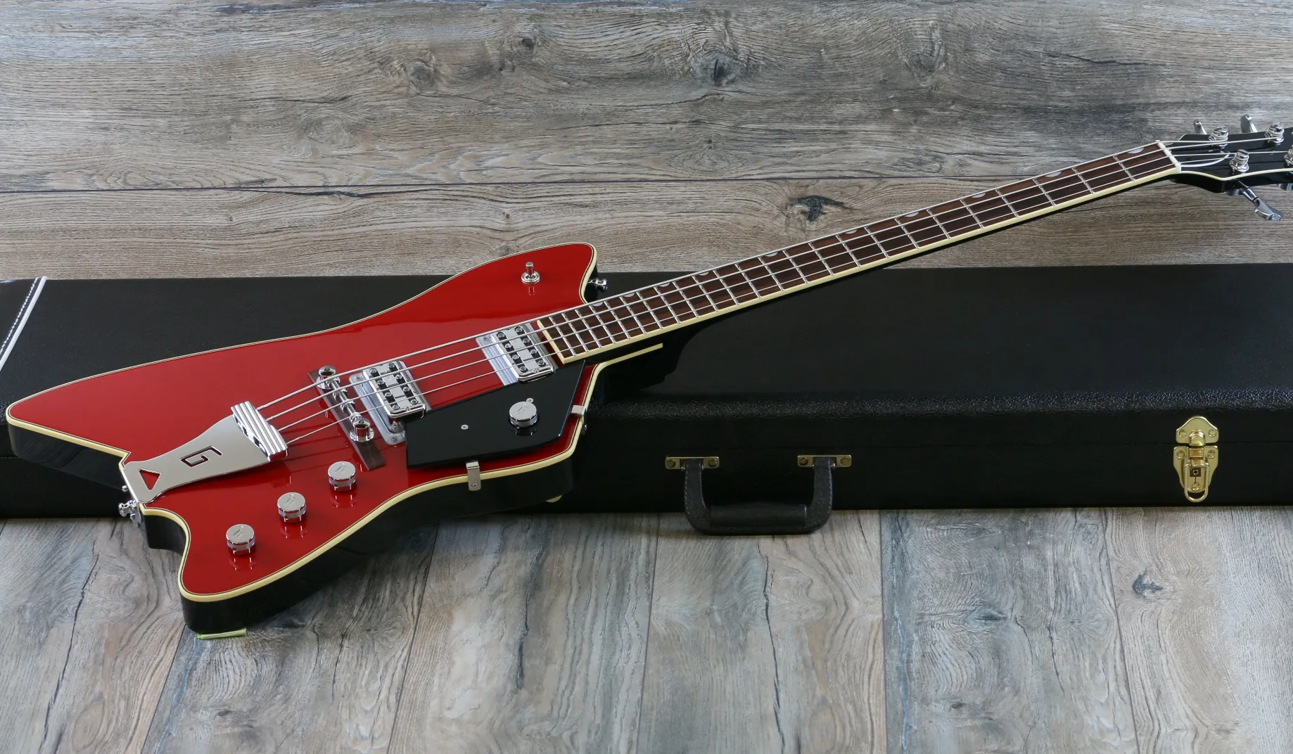 4 Cordes 6199 B Billy Bo Jupiter Thunderbird Rouge Guitare Basse Électrique Mécaniques Sperzel, Incrustation de Marqueurs de Position Néo-Classique MOP, Matériel Chrome