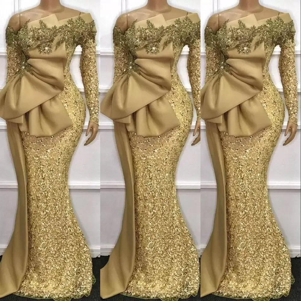 Robes de soirée de paillettes d'or scintillantes de l'épaule sirène manches longues Designer 2022 robe de soirée de bal sur mesure, plus la taille, vêtements d'occasion formelle