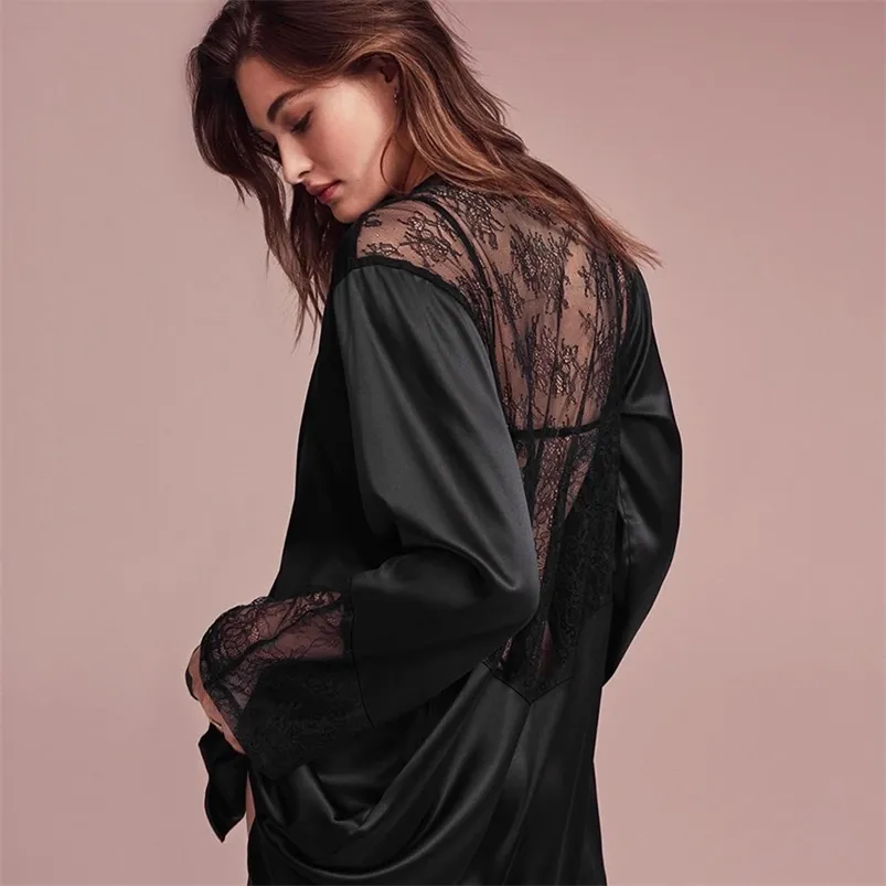 HiLoc Black Patchwork Dentelle Pyjamas Satin Home Robe Femmes À Manches Longues Robe De Mariée Femme Automne Vêtements De Nuit Sexy Hiver Drop 210831