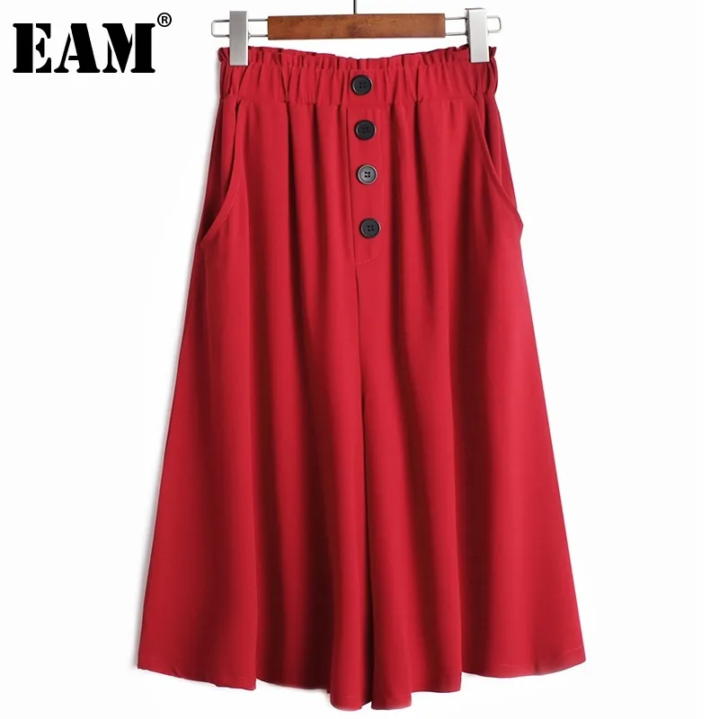 [EAM] Buttons High Elastic Waist Trousers Loose Fit Wide Leg Calf-Length Pants Women Fashion Spring Summer 1DD8206 210512