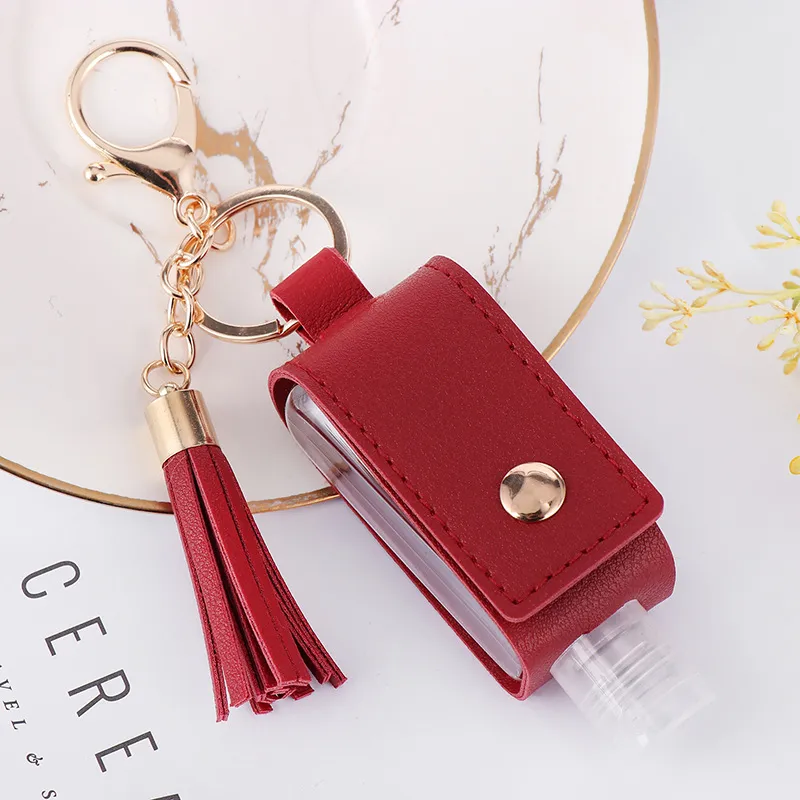 Party Favor Hand Sanitizer Holder With Bottle Leather Tassel Keychain Portable Disinfectant Case Empty Bottles Keychains KKB7239