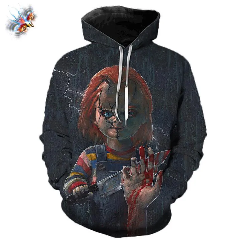 Mäns Hoodies Sweatshirts Horror Movie Chucky 3D Teens Mode Män Hooded Spring Casual OuterWear Plus Size Coat XS-7XL