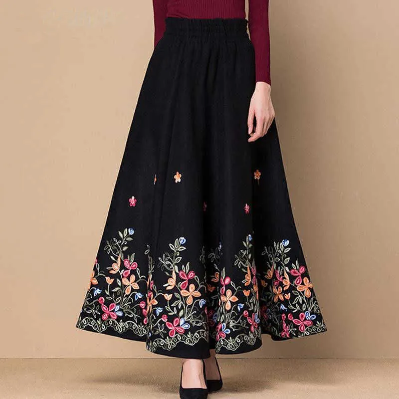 Svart Fllower Broderad Woolen Maxi Skirt Kvinnor Elegant Hög Midja Casual Kjolar Mamma Mode Plus Storlek Skirt Office Lady Wear 210619