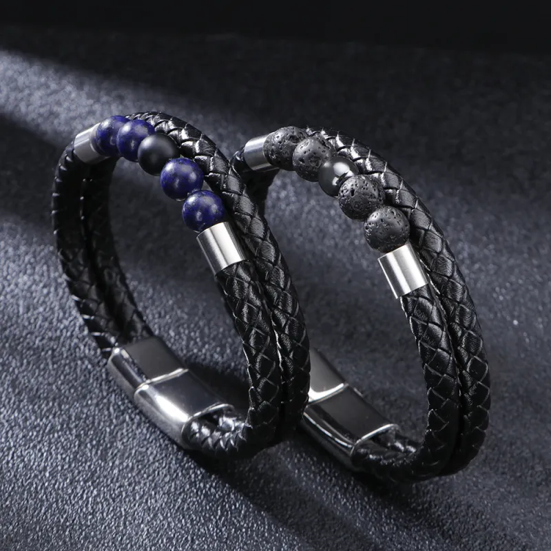 Classic Men Style Double Layered Leather Bracelet Natural Stone Strands Bracelets Jewelry for Gift