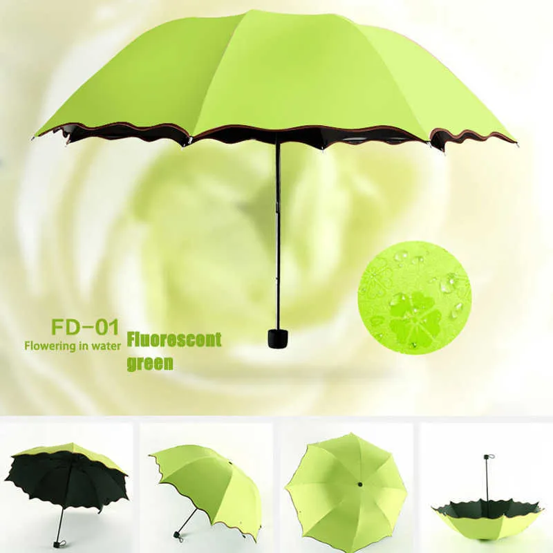 Дамы портативные зонтики ветрозащитные 3-складные цветы в воде меняются цвет анти-ультрафиолетовый / дождь зонт USJ99 210626