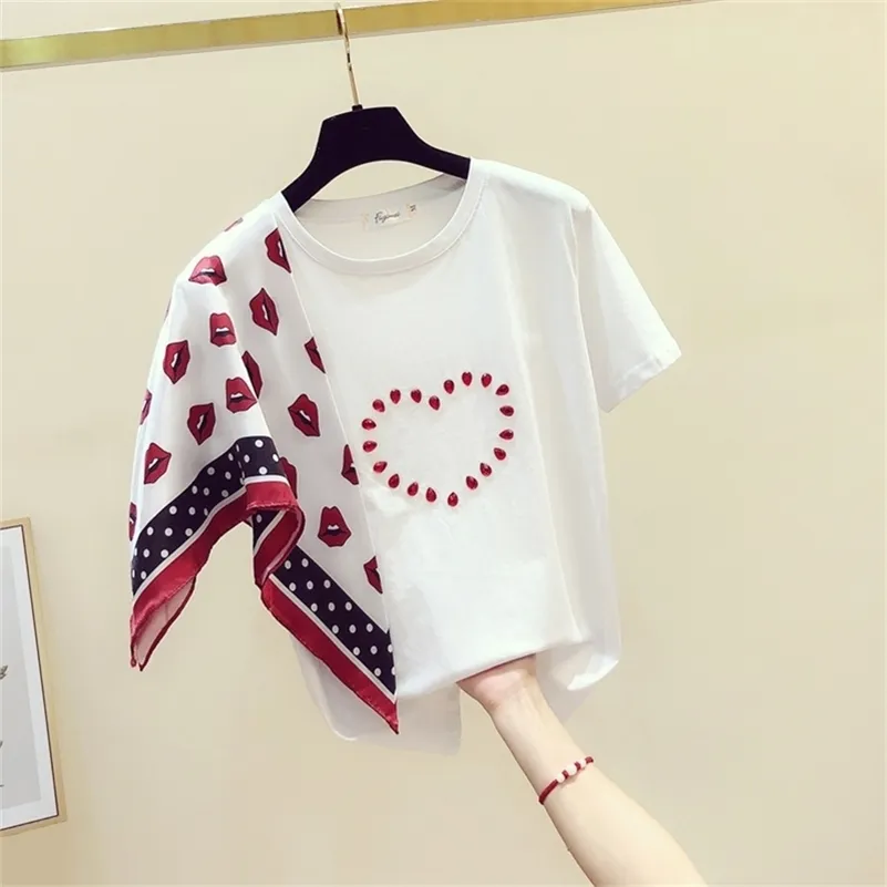 NEEDBO T-shirt Femmes Patchwork Casual O-cou Sexy T-shirt Femmes Écharpe Rouge Lèvres Coton T-shirt Femme Grande Taille Blanc T-shirts Tops 210330