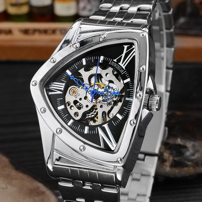 Mode Hohl Skeleton Uhr Männer Dreieckige Uhren Edelstahl Automatische Mechanische Förderung Preis Drop Armbanduhren