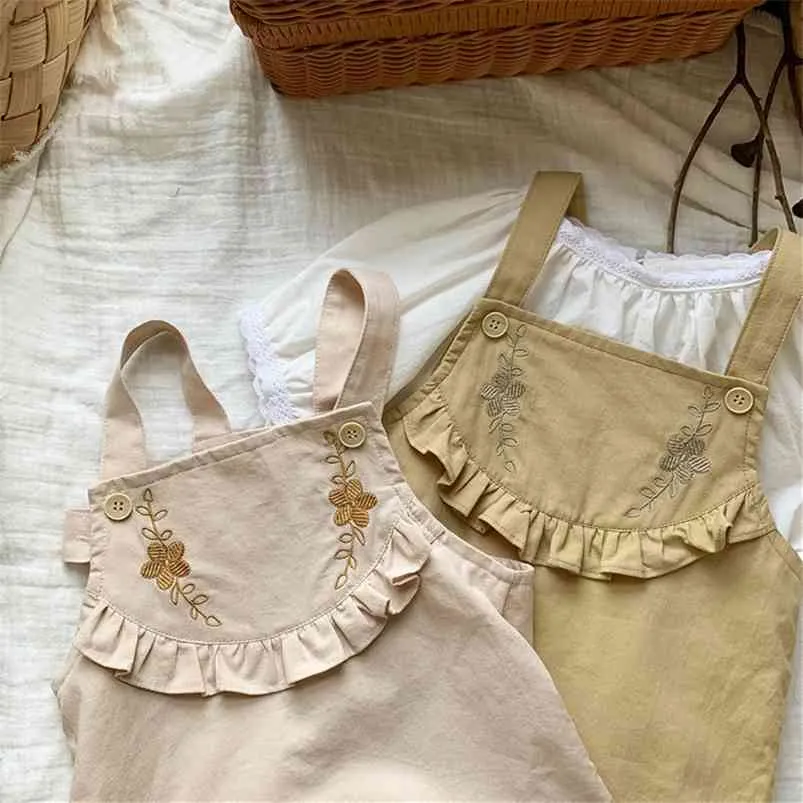 Spring Summer Girls 'Sling Dress Baby Gevouwen schimmelrandbloemen Geborduurde kinderen Geprikkelde schattige kleding 210625