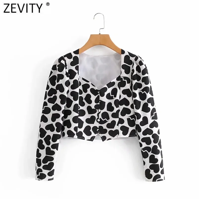 Women French Style Hearts Print Short Blouse Shirt Breasted Chic Office Femininas Blusas Crop Slim Tops LS9305 210420
