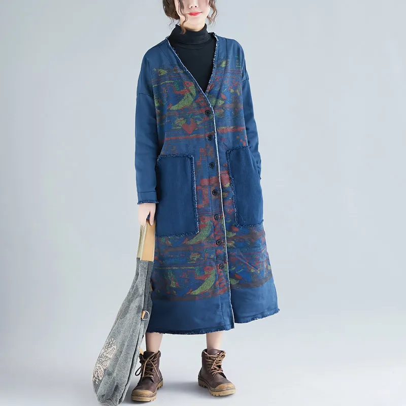 Johnature Autumn And Winter Plus Velvet Cardigan Kvinnor Ytterkläder Casual Blom Print V-Neck All-Match Kvinnor Långt Coat 210521