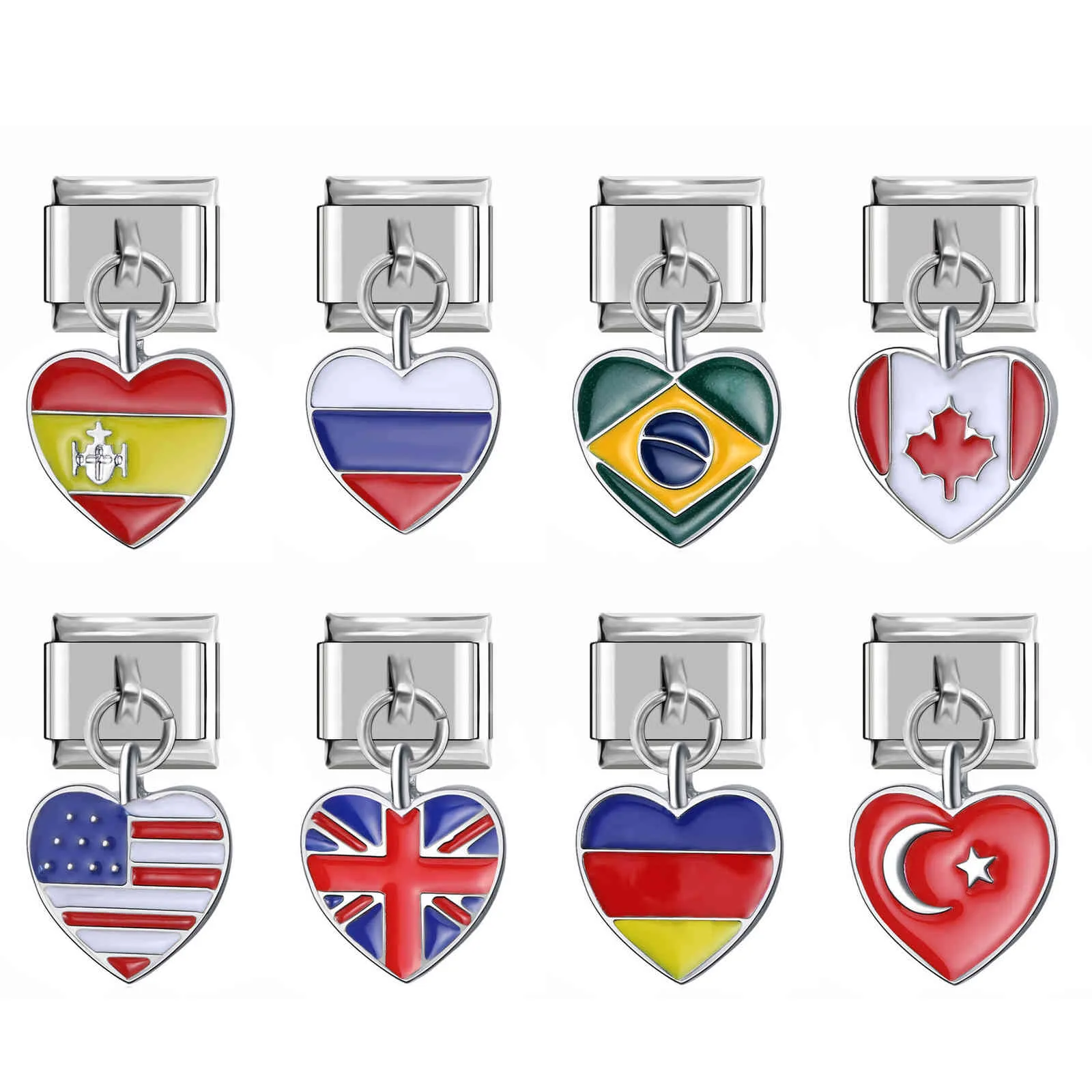 Vier 9mm Breedte Originele Daisy Heart World UK US Ca ty br au fr ru Vlag Italiaanse bedelarmband Link kralen