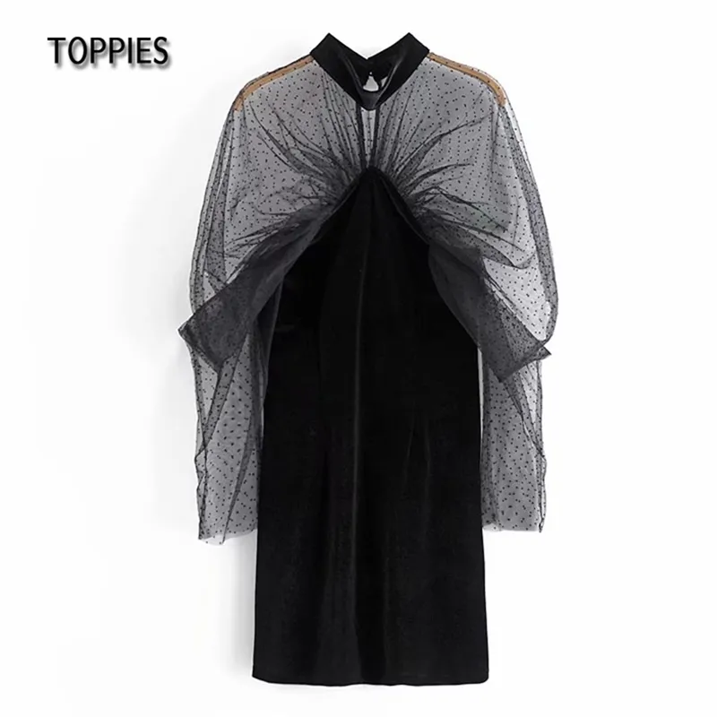 Sexy Party Dresses Women Long Sleeve Spliced Mesh Dress Midi Chic Ladies vestidos puff sleeve see through clothes 210421