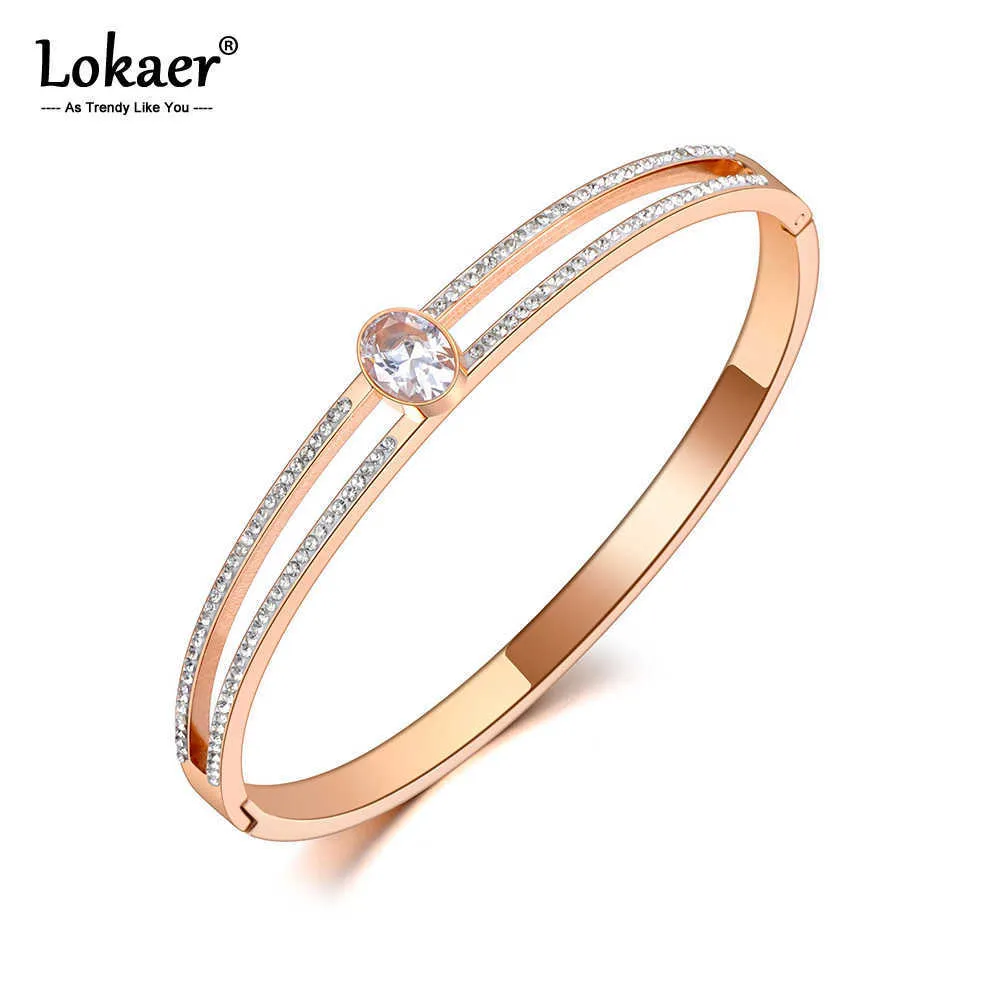 Lokaer Fashion Rhinestone Manchet Armbanden Armband Sieraden Titanium Roestvrijstalen Ovale CZ Crystal Wedding Bangle voor Vrouwen B20089 Q0717