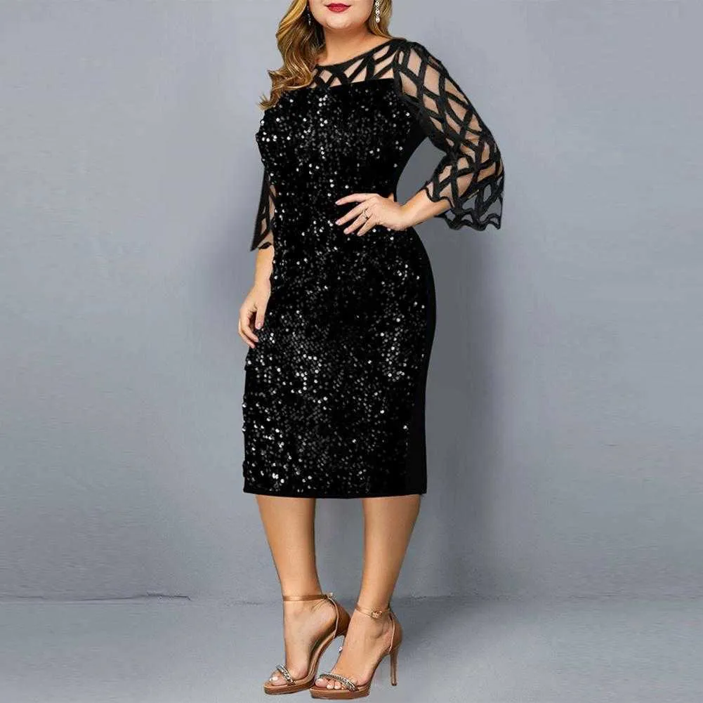 Party Dresses Sequin Plus Size Womens Dress 2021 Mesh See Through