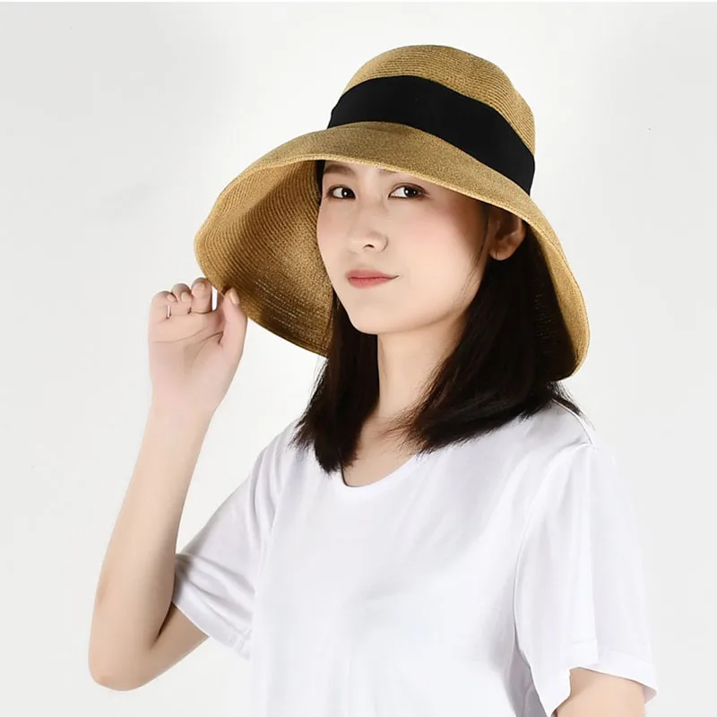 Chapeau de paille à nœud papillon pour femmes, élégant, casquette de Protection solaire UV pour plage en plein air, couleur unie, voyage décontracté, classique, chapeaux à large bord