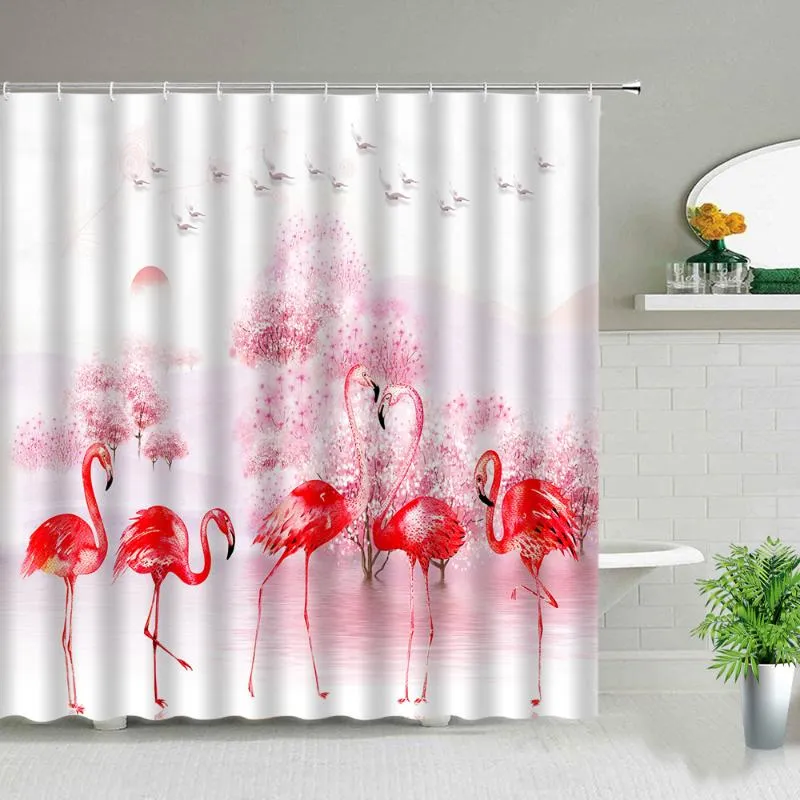 Duschgardiner tropiska djur flamingo tryck gardin grön växt lämnar landskap vattentätt frabisk badskärm badrum med krok