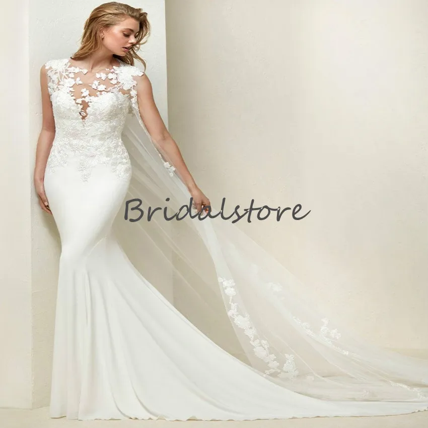 Chic Boho Mermaid Wedding Dress With Lace Cape Elegant Satin Beach Bridal Gowns 2021 Slim Plus Size Country Bride DressesVestidos Noiva Robe De Soirée Mariage