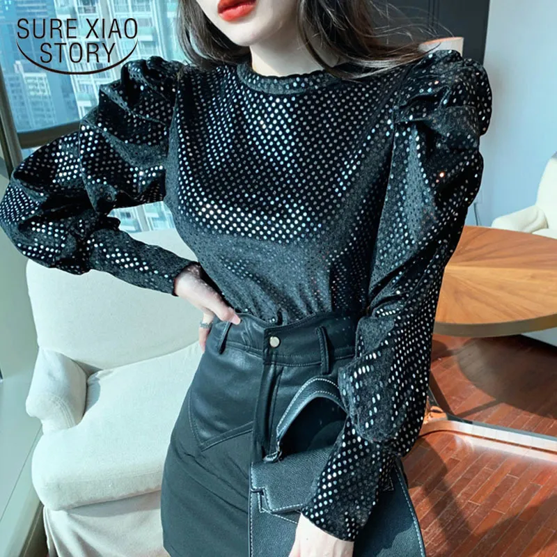 Shirts Spring Long Button Polka Dot Stand Puff Sleeve Vrouwen Kleding Koreaanse Tops Balck Fluwet 8162 50 210415