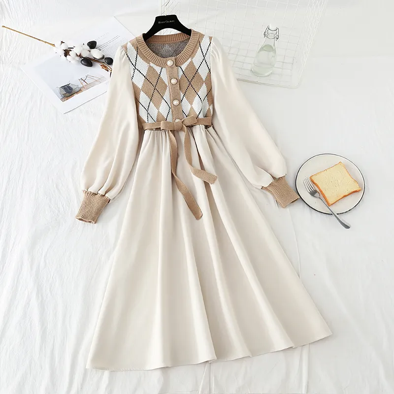 Women Patchwork Knitted Spring Casual O Neck Long Sleeve A-line Dress Single-breasted Sweater Dresses Bandage Vestidos 2021