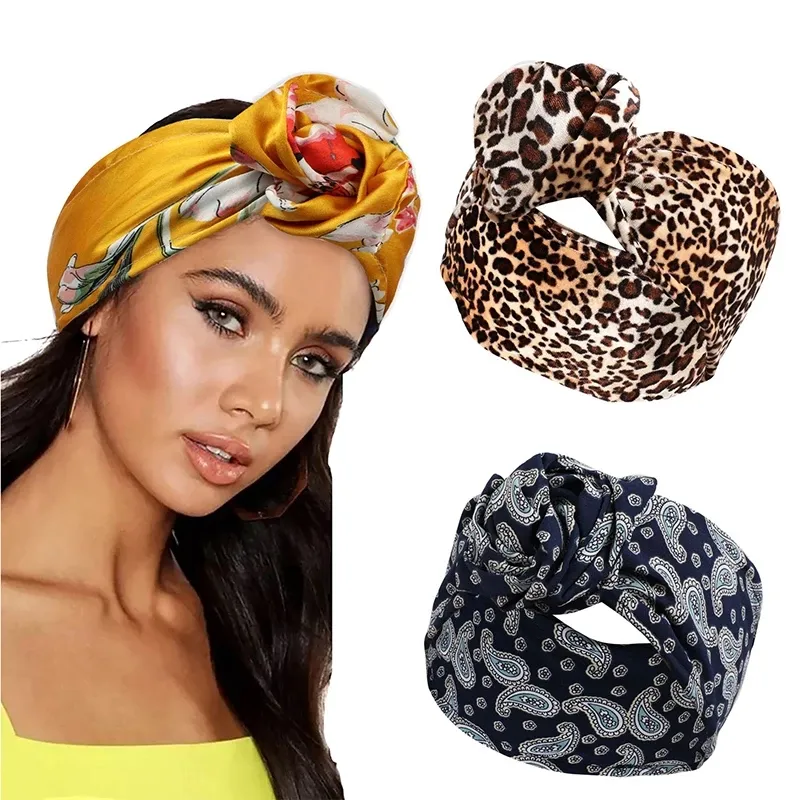 Леопардовый цветок ленты повязка на голову женщин печать волос галстуки твист волос бого стиль металлический провод шарф аксессуары для волос