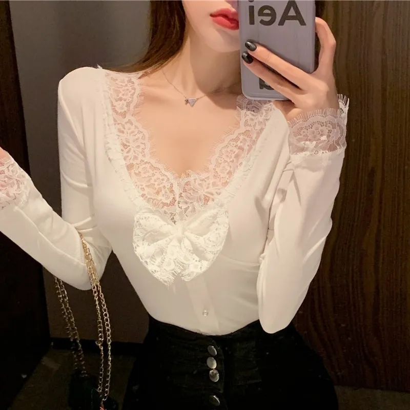 WOMENGAGA Frühling Koreanische Spitze Mesh Bowknot Langarm Slim Süße Top Bottom T-shirt Sommer Tops Tees Sexy V-ausschnitt TM8U 210603