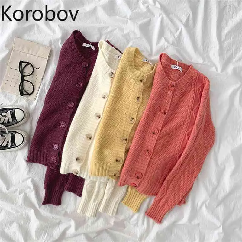 Korobov Outono Nova Chique Estilo Preppy Knit Suéters Coreano O Neck Manga Longa Cardigans Vintage Elegante Escritório Lady Sueter Muejer 210430