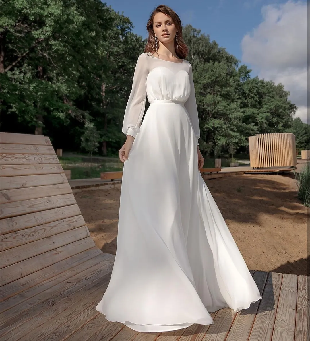Boho Princess Pregnancy Wedding Dress 2021 - Long Sleeve Chiffon Floor Length Bridal Gown for Women, Perfect for Beach Weddings - Robe de Mariee